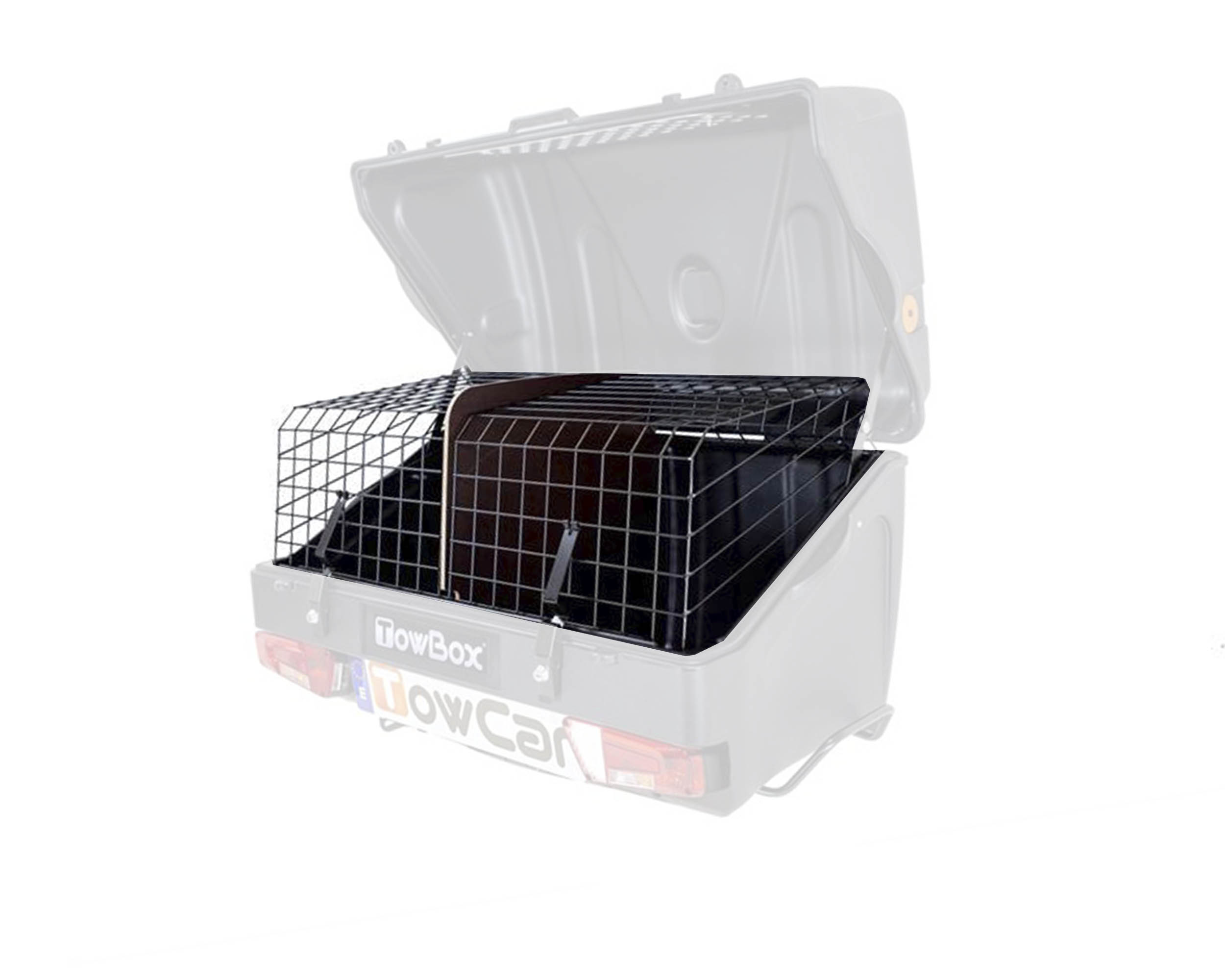 Kit de accesorios para TowBox V1 con separador, suelo antihumedad, estructuras metálicas y rejilla para optimizar el espacio y la organización del portaequipajes.
