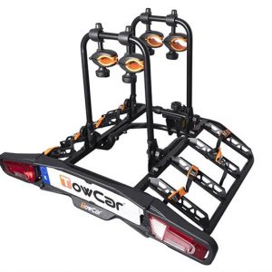 Portabicicletas TowCar T4 para cuatro bicicletas, abatible y equipado con sistema antirrobo, diseñado para un transporte seguro sobre la bola de enganche.
