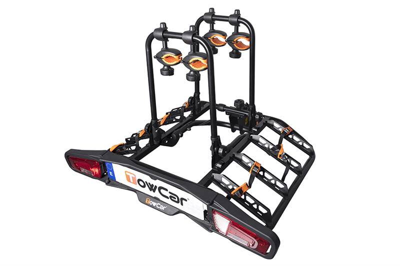 Portabicicletas TowCar T4 para cuatro bicicletas, abatible y equipado con sistema antirrobo, diseñado para un transporte seguro sobre la bola de enganche.