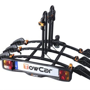 Portabicicletas para tres bicicletas con sistema antirrobo, compatible con neumáticos de hasta 4 pulgadas y diseñado para un transporte seguro sobre la bola de enganche.