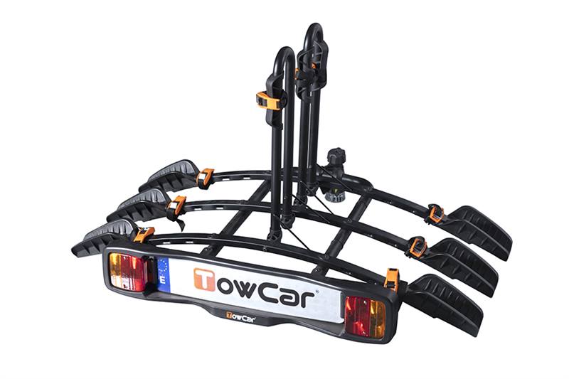 Portabicicletas para tres bicicletas con sistema antirrobo, compatible con neumáticos de hasta 4 pulgadas y diseñado para un transporte seguro sobre la bola de enganche.