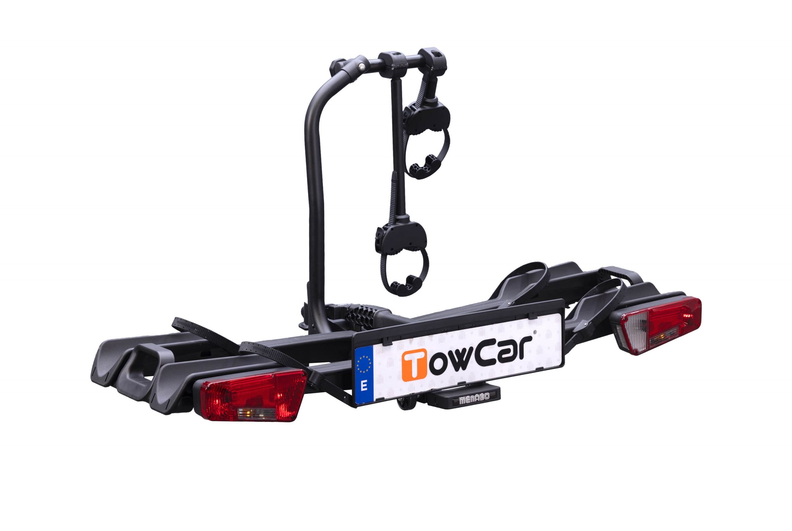 Portabicicletas Orbit 2 para dos bicicletas, plegable y abatible, compatible con bicicletas eléctricas y equipado con sistema antirrobo y fijación rápida a la bola de enganche.
