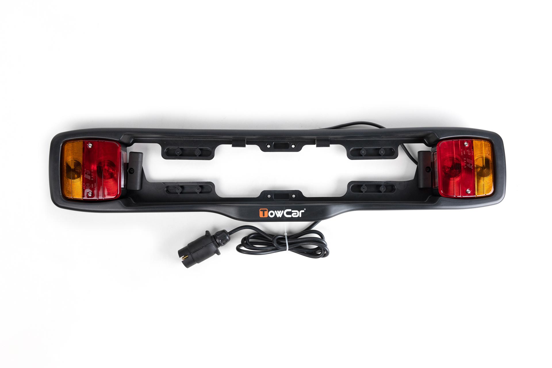 Placa de luces de recambio para portabicicletas TowCar B2, B3 y B4, equipada con pilotos y cableado de 7 polos para una señalización segura.