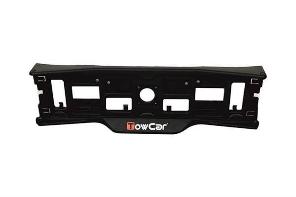Soporte de matrícula compatible con portabicicletas, portaesquís y portamotos TowCar, diseñado para una instalación sencilla y segura.