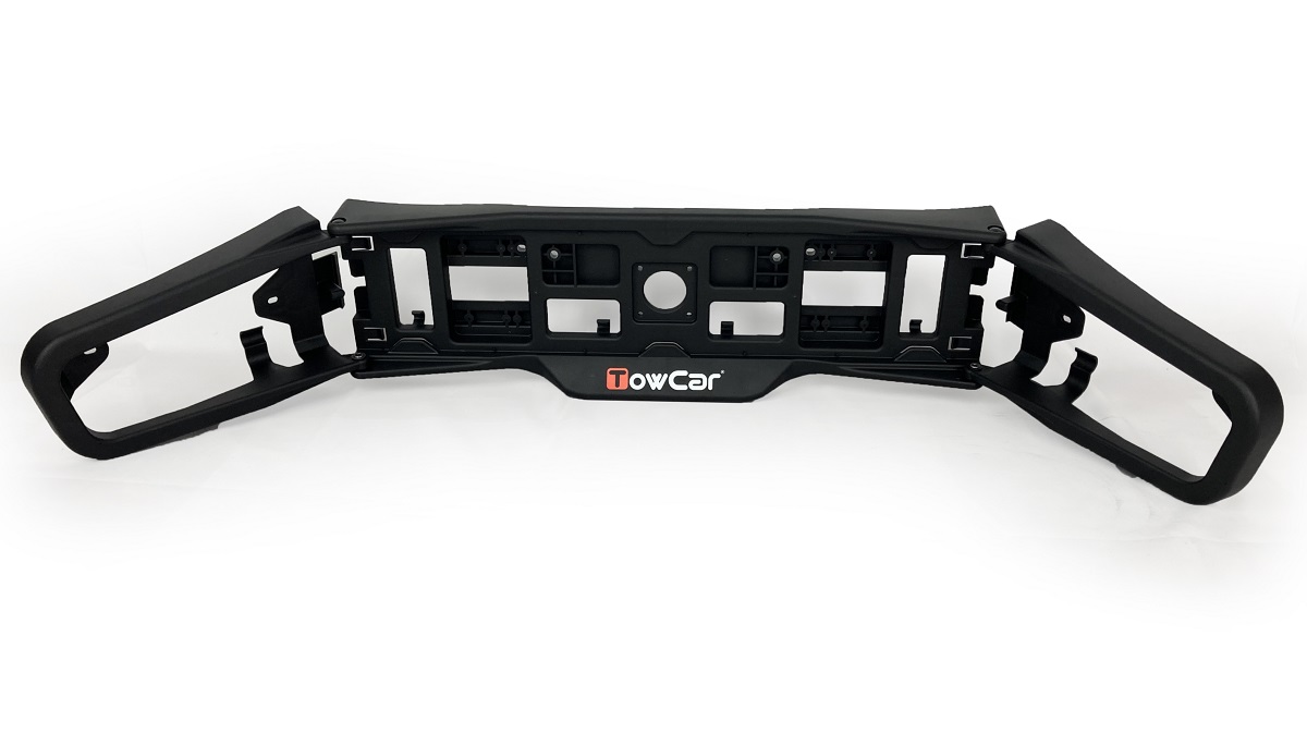 Soporte de matrícula y pilotos TowCar compatible con portabicicletas, portaesquís y portamotos, diseñado para una instalación segura de la matrícula y el sistema de iluminación.