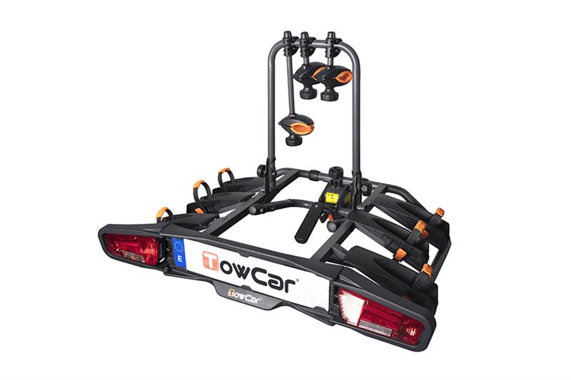 Portabicicletas para tres bicicletas, abatible y equipado con sistema antirrobo, compatible con bicicletas de hasta 29 pulgadas y neumáticos de 4 pulgadas.